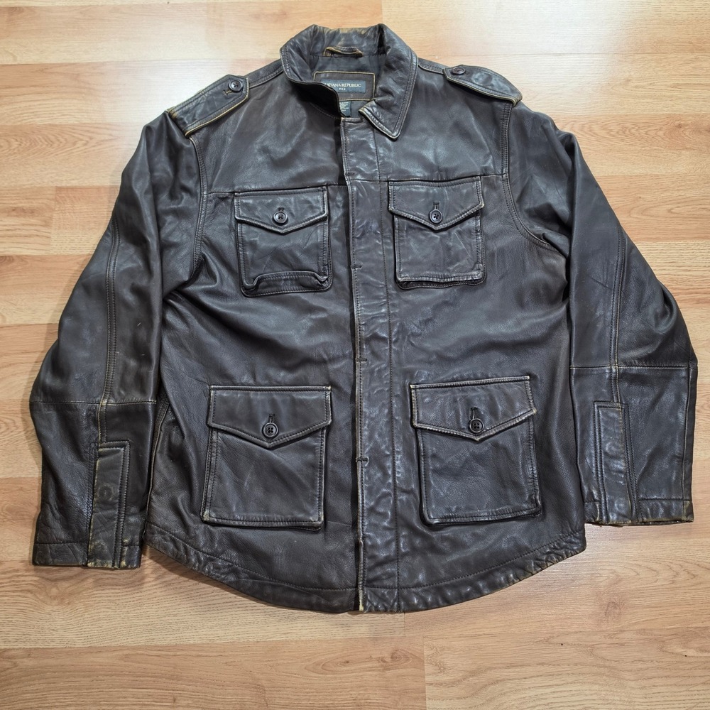 Banana Republic Leather Field Jacket Mens L Four Pocket Epaulets Brown M-65